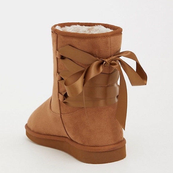 torrid Shoes - Faux suede back bow lace up fur booties Wi…